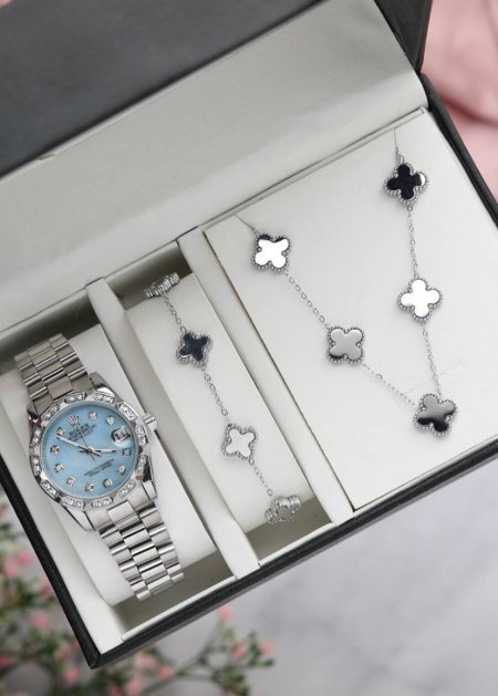طقم نسائي (ساعة رولكس ستاتي + اسوارة + سنسال )