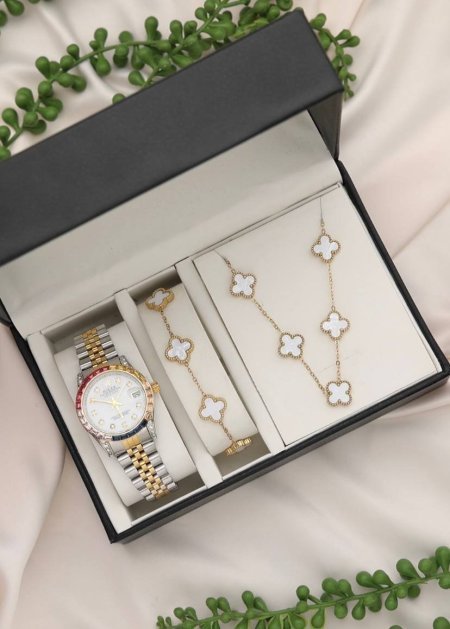 طقم نسائي (ساعة رولكس ستاتي + اسوارة + سنسال )