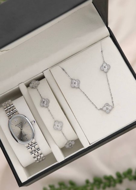طقم نسائي (ساعة رولكس ستاتي + اسوارة + سنسال )
